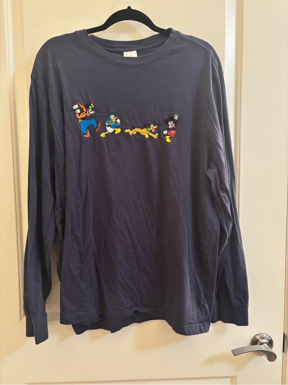 Disney Men's Navy Long Sleeve Tee with Mickey, Goofy, Pluto & Donald Embroidery